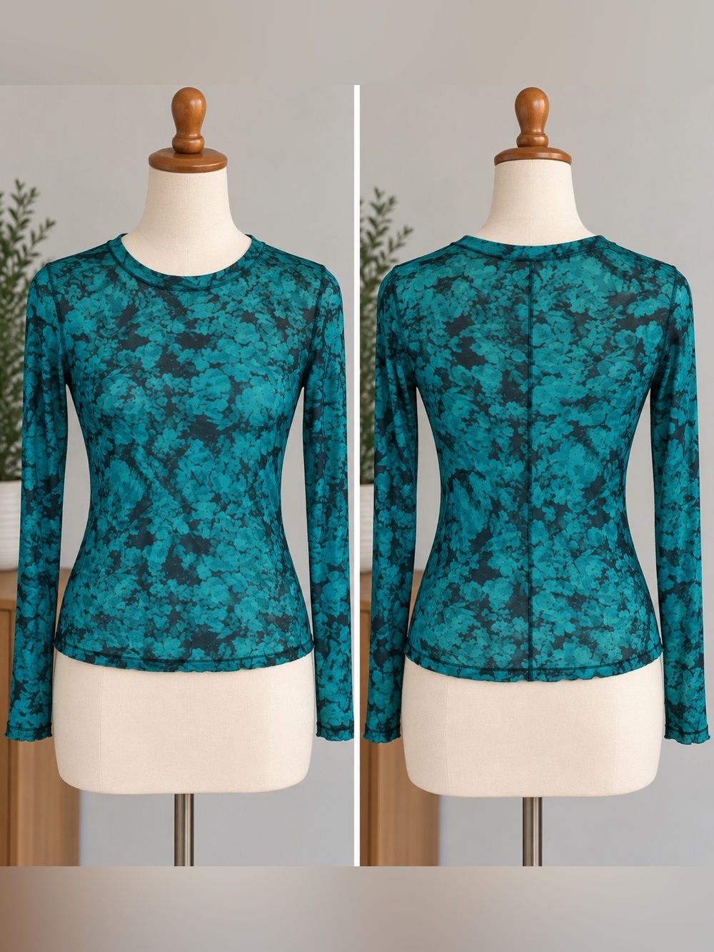 Free People Intimately Teal Black Floral Long Sleeve Mesh Top XS